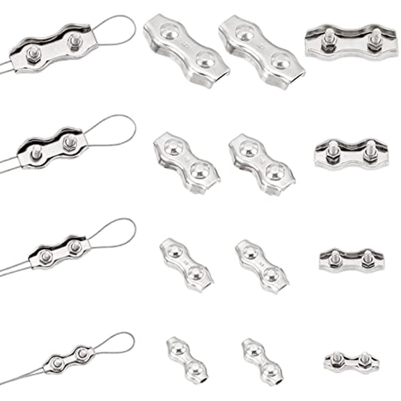 16 PCS Duplex Wire Rope Clips 304 Stainless Steel Duplex 2-Post Cable Clamp Rope Connector Wires Splicer for Electric Fences(4 Sizes)