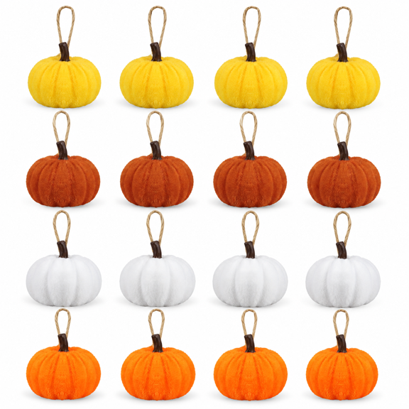 16 PCS Fall Thanksgiving Pumpkin Hanging Ornaments Velvet Fabric Pumpkin Hanging Small Tree Ornament 2.2" Orange Pumpkins Ball Tree Decoration for Fall Thanksgiving Home Farmhouse Harvest Party Decor