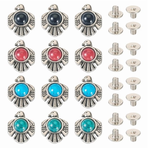 16 PCS Faux-Turquoise Decorative Rivets Studs for Leather Vintage Southwest Thunder-Bird Alloy Coin Screwback Rivets