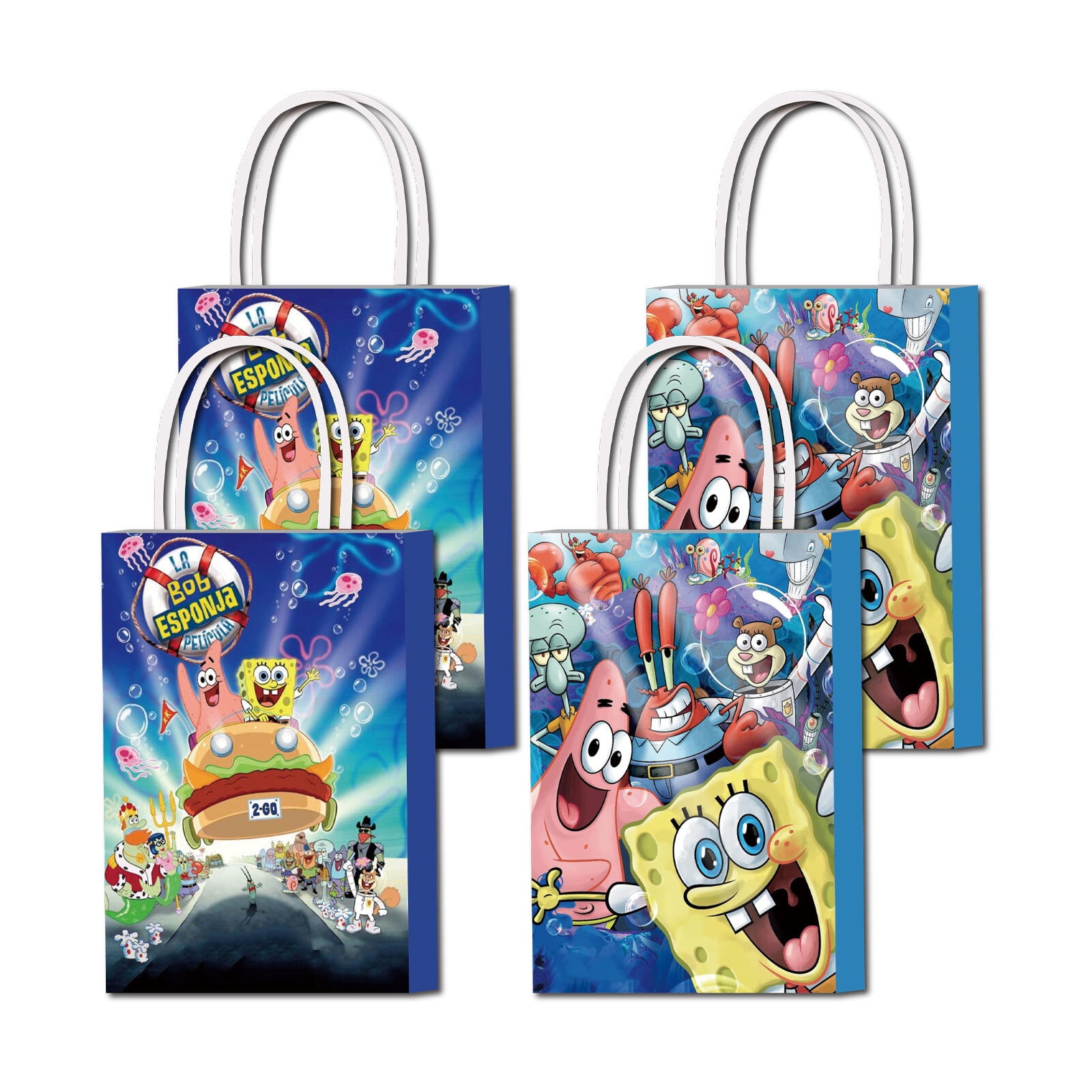 16 PCS For SpongeBob Cartoon For Square Pants Party Favor Bags,2 Styles Paper Gift Bags with Handles for Candy, Snacks, and Party Supplies