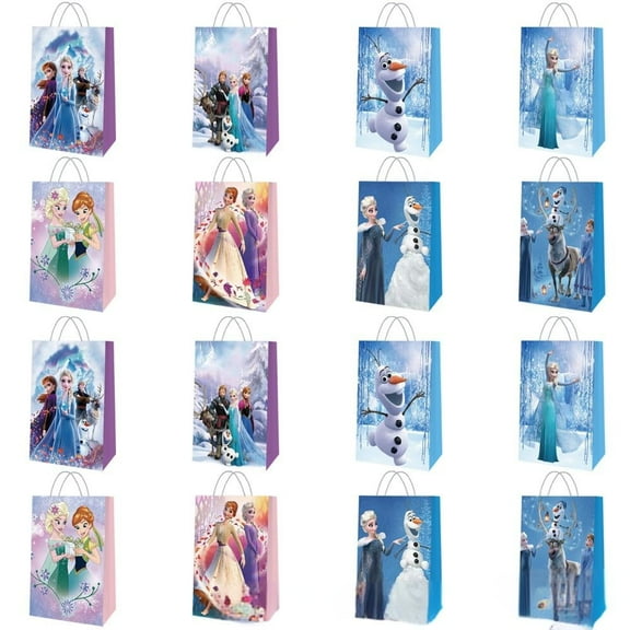 16 PCS Frozen Party Favor Bags, Frozen Kraft Paper Goodie Bags with Handles Small Gift Bags Treat Bags for Kids Fans Birthday Party Supplies