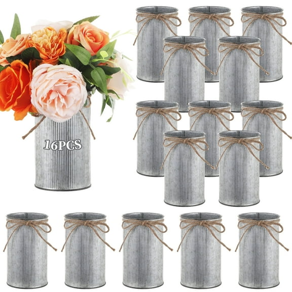 16 PCS Galvanized Flower Vases, Farmhouse Metal Vase with Non-Slip Stripes, Rustic Galvanized Iron Vase with Twine Bowknot, Decorative Vases for Weddings Birthdays Home Decor, 3.6 x 5.9 Inches