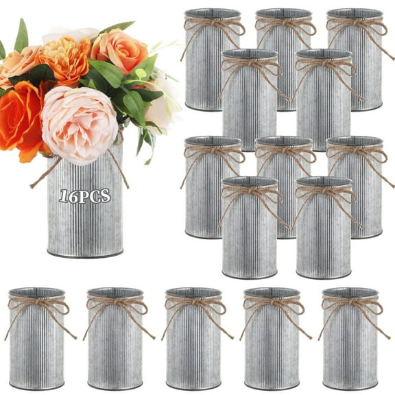 16 PCS Galvanized Flower Vases, Rustic Galvanized Iron Vase with Twine Bowknot, Small Farmhouse Metal Vase with Non-Slip Stripes