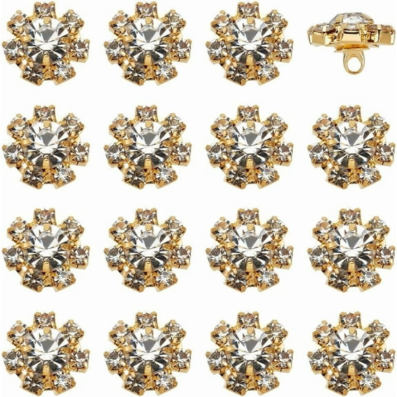 16 PCS Glass Rhinestone Buttons 15mm in Diameter Decorative Golden Brass Flower Shape Embellishment for Sewing Reusable Rhinestone Buttons for DIY Crafts Clothes Decoration