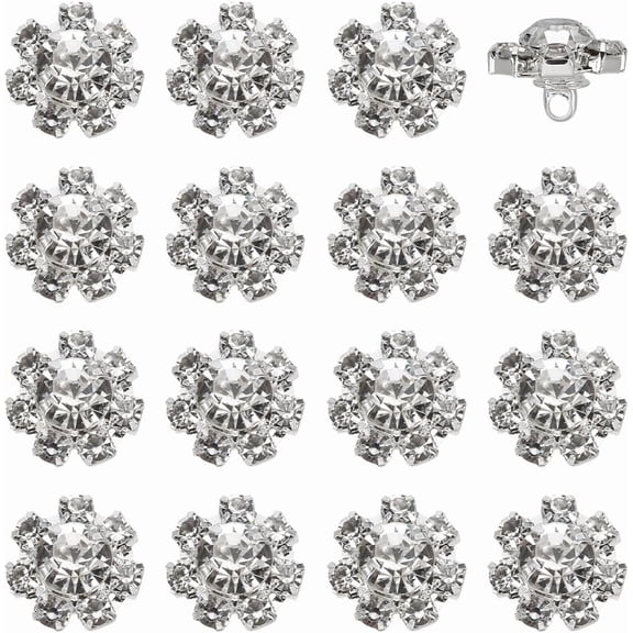 16 PCS Glass Rhinestone Buttons 15mm in Diameter Decorative Platinum Brass Flower Shape Embellishment for Sewing Reusable Rhinestone Buttons for DIY Crafts Clothes Decoration Platinum 1set