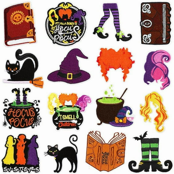 16 PCS Hocus Pocus Embroidered Iron On Patches for Clothes, Wizard Sew On Applique Patches, Halloween Embroidery Patch for Hat, Backpack, Jackets, Jeans
