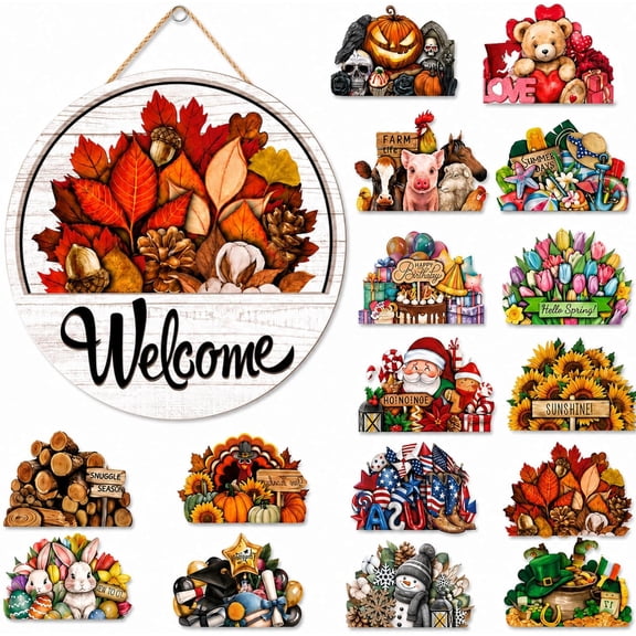 16 PCS Interchangeable Welcome Sign for Front Door, With 16 Interchangeable Seasonal Icons for Front Door for Holidays and Year Round Home Decor
