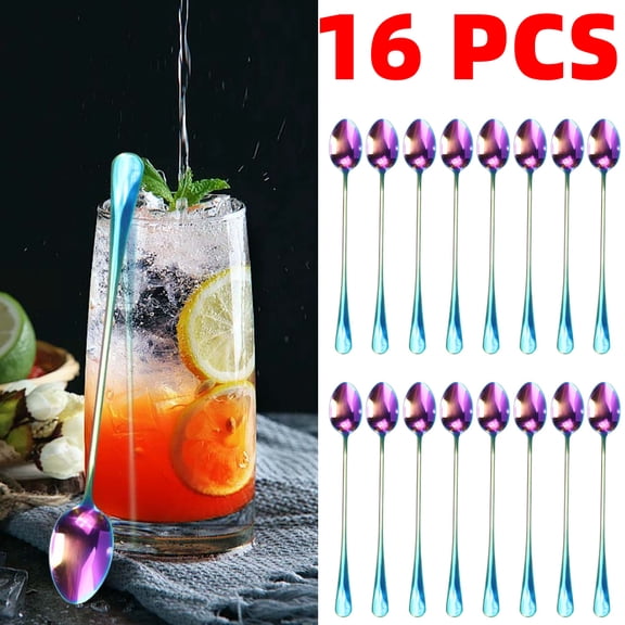 16 PCS Long Handle Spoons, Colorful Plated Latte Spoon, Stainless Steel Ice Cream Spoon, Cocktail Stirring,Tea, Coffee, Milkshake Dessert Spoons