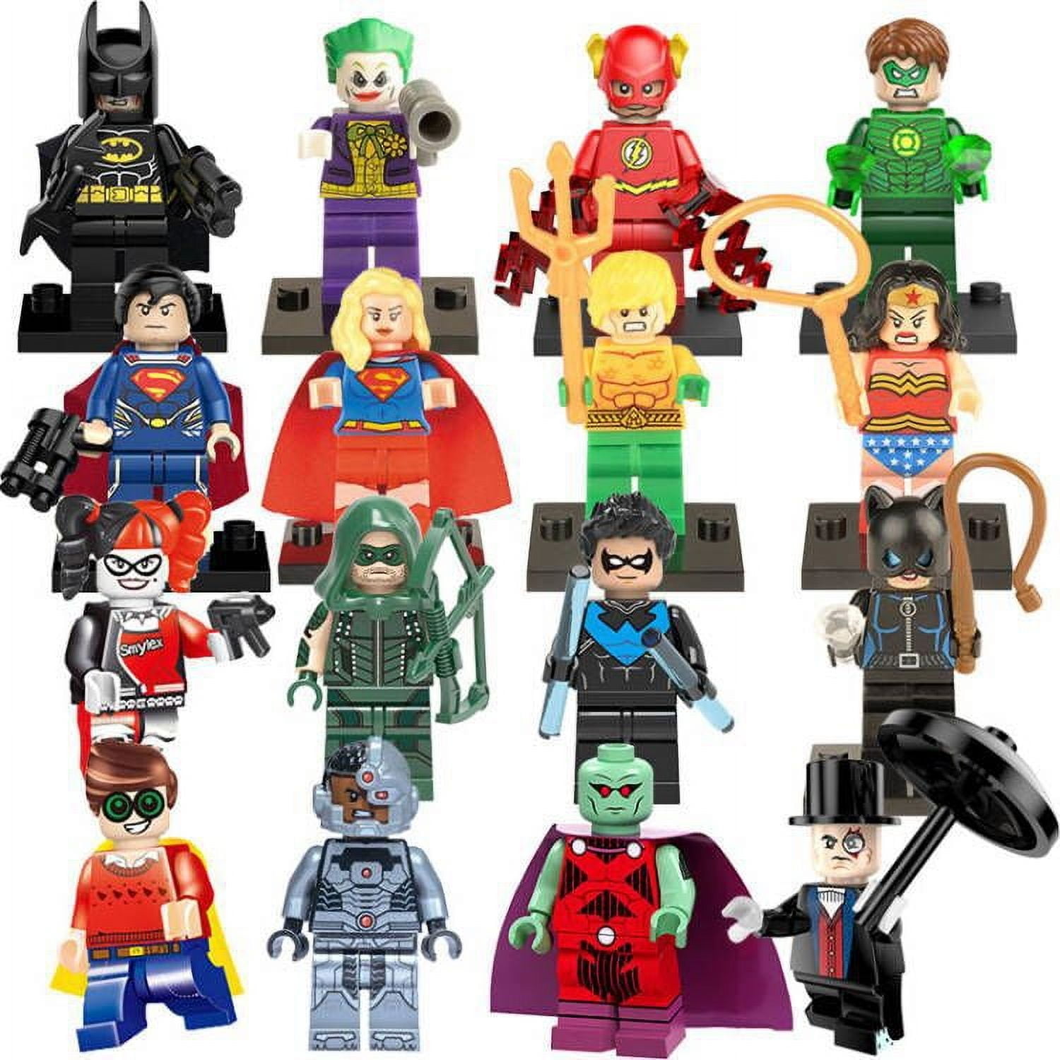 16 PCS Mini Superhero Legion Action Figures, 1.77 - 4.3 Inch Joker Super Girl Cat Girl Bat Warrior Collectible Building Blocks, Great Birthday Gift and Cake Topper for Boys
