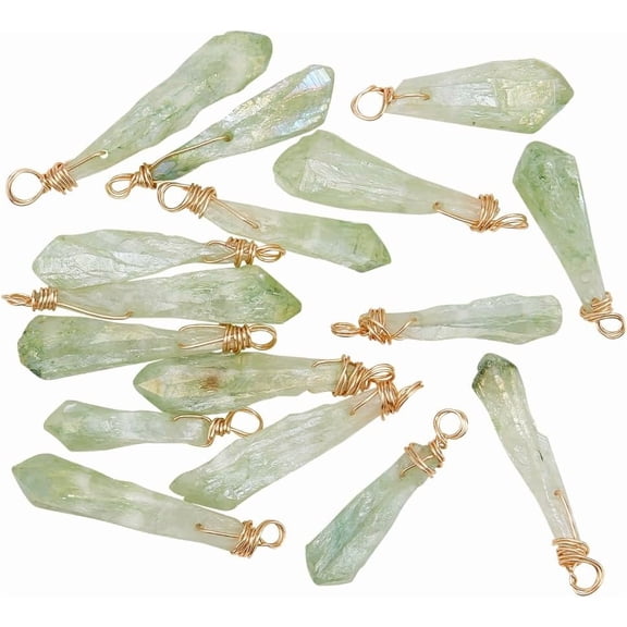 16 PCS Natural Quartz Stone Pendants Charms Irregular Green Electroplated Gemstone Charm Healing Pendants Rough Stone Pendant Copper Wire Ring Stones for Necklace Jewelry for DIY