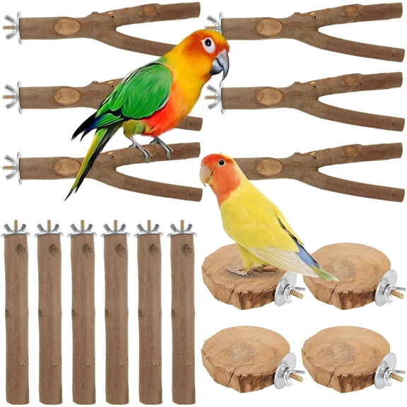 16 PCS Natural Wood Bird Perch Set for Parrots & Small Birds Cage Accessories