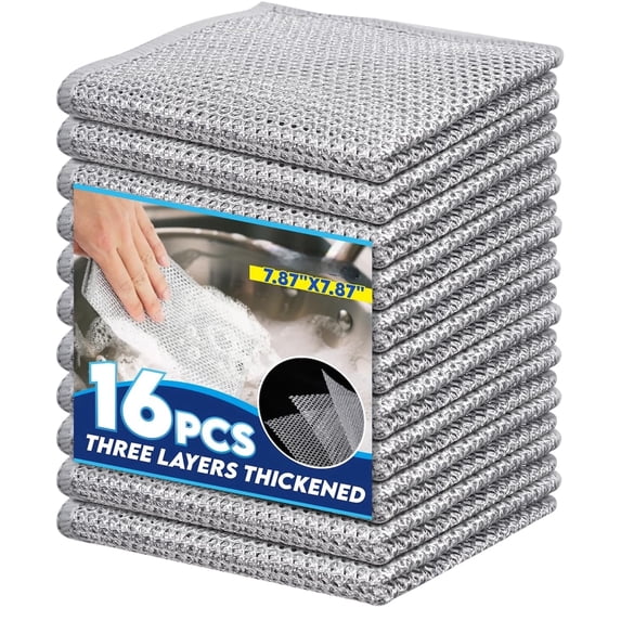 16 PCS Silver Wire Mesh Dishcloths Non Scratch - Double Layer Non-Scratch Reusable Quick-Dry Odor-Free Scrub Cloths for Dishes, Kitchen , Cookware, Sinks, Stove Tops