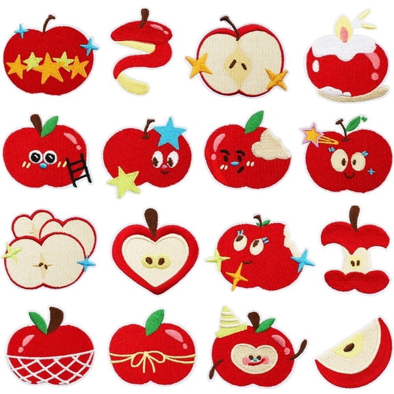 16 PCS Patch Embroidered Sticker Apple Theme Sew On Patches Cartoon Fruit Cloth Sticker Iron on Applique Sticker Patches for Clothing, Jackets, Backpacks