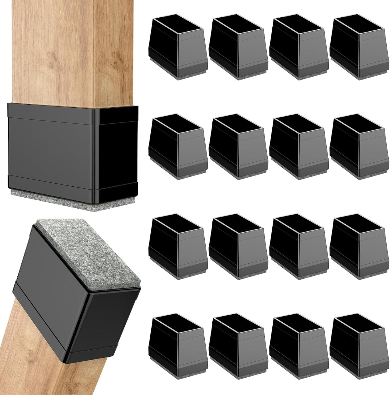 16 PCS Rectangular Silicone Chair Leg Protectors for Hardwood Floors, Black Furniture Leg Caps with Felt Pads, Protect Wood or Tile Floors, Reduce Noise, Easy to Move (1.5" x 2.5")