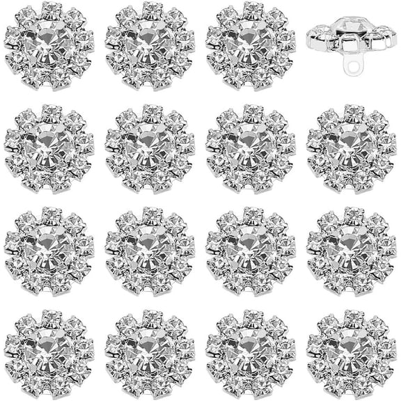 16 PCS Rhinestone Buttons 0.5 inch in Diameter Clear Crystal Round Buttons with 1.4mm Hole Silver Brass Shank Rhinestone Buttons for Garment Flower Rhinestone Button for Clothes Decor