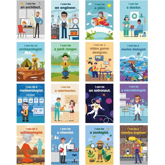 16 PCS STEAM Careers Posters Classroom Decorations, Science Classroom Job Bulletin Board Decoration Job Chart Poster with Inspirational Quotes Poster for Schools Teacher Wall Decor Supplies