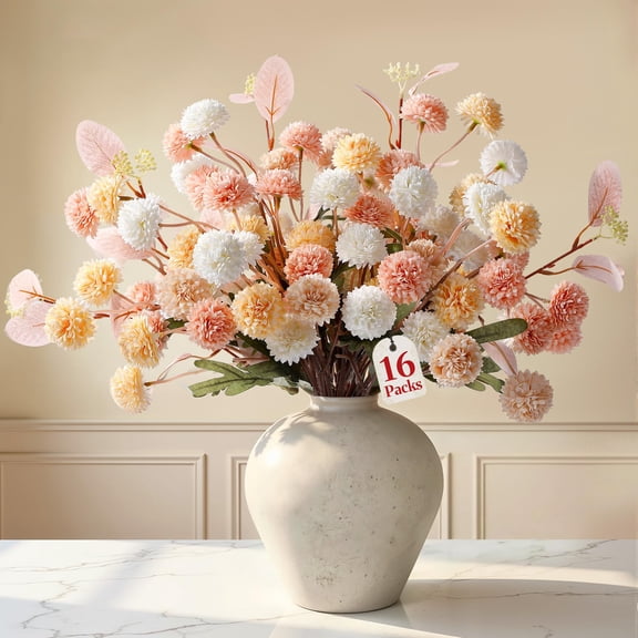 16 PCS Silk Mums Artificial Fall Flowers with Eucalyptus for Vase
