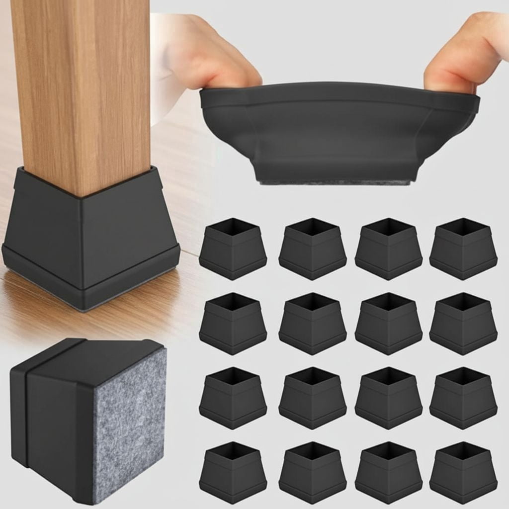16 PCS Square Chair Leg Floor Protector, Silicone Chair Leg Cover, Mobile Table Leg pad, Furniture Leg Protectors with Felt,Protect The Floor from Scratches.1 1/2 in Black.