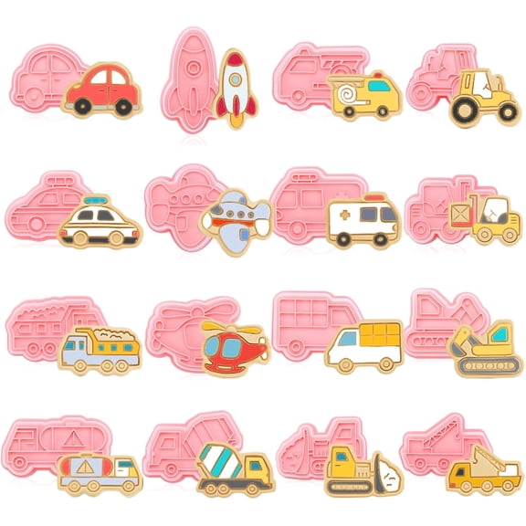 16 PCS Transportation Vehicle Cookie Cutters with Plunger Stamper, Car Cookie Mould Set, Transportation Theme Set Embossing Dies, Construction Vehicles Cookie Cutters Set for Fondant Cookies
