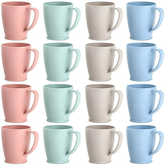 16 PCS 10 Oz Wheat Straw Plastic Coffee Cups Mugs,Reusable Plastic Cup Mug with Handle Lightweight Microwavable Dishwasher Safe Unbreakable for Tea Milk Water Juice Coffee(Multicolor)
