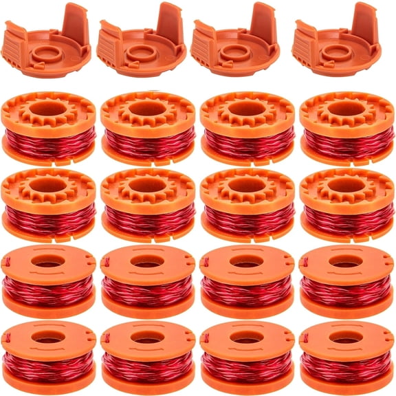 16 Pack Weed Wacker String Trimmer Spool Line 0.065 Inch 10FT Grass Cutting Refills with 4 Replacement Caps Compatible with WORX WA0010/WA6531