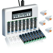 16 Pack 1.5 V AAA 1200mWh Lithium Battery with 8 Bay AA AAA Battery Charger, LCD Display Quick Independent Battery Charger for 1.5V AAA AA Li-ion Rechargeable Batteries with USB Cable