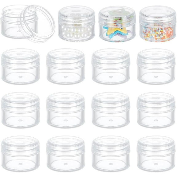 16 Pack 1.7"x1.22" (25ml) Empty Clear Plastic Bead Storage Container jar with Rounded Screw-Top Lids for Beads Nail Art Glitter Make Up Cosmetics and Travel Cream Clear