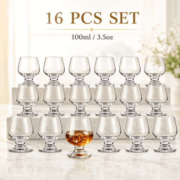 16-Pack 100ml/3.5oz Tulip Brandy Glasses, Footed Whiskey Tasting Cups for Bourbon/Cognac/Scotch/Liqueur/Cocktails, Thick Base Barware, Ideal for Home Bar, Parties, Father's Day & Christmas.