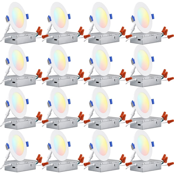 16 Pack 4" 5CCT Dimmable LED Recessed Light with J-Box, 2700K/3000K/3500K/4000K/5000K Selectable, 10W LED Downlight, Aluminum