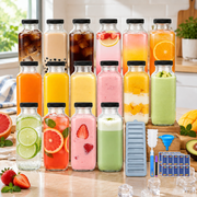 16 Pack 16 oz Glass Juice Bottles with Lids, Reusable Juice Containers with Cleaning Brush, Square Glass Water Bottles Drinking Jars for Juicing, Smoothies, Beverages, Milk, Kombucha