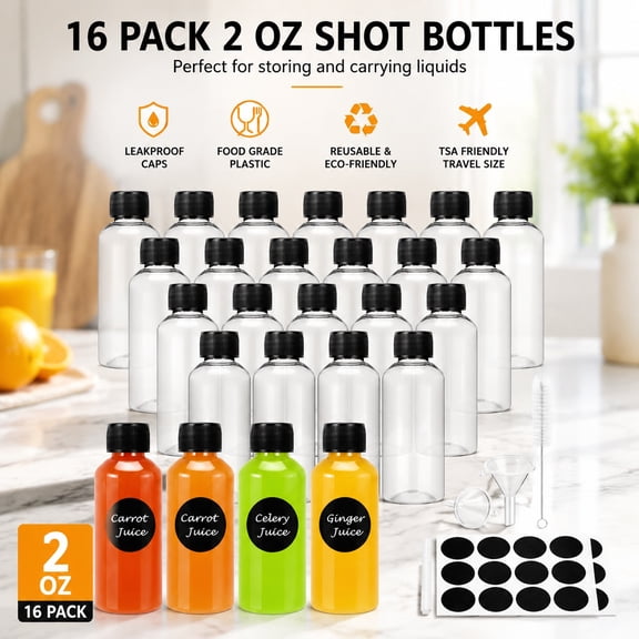 16 Pack 2 oz Mini Plastic Bottles with Leakproof Caps, Small Reusable Travel Containers for Liquids, Juice, Oil, and DIY Samples