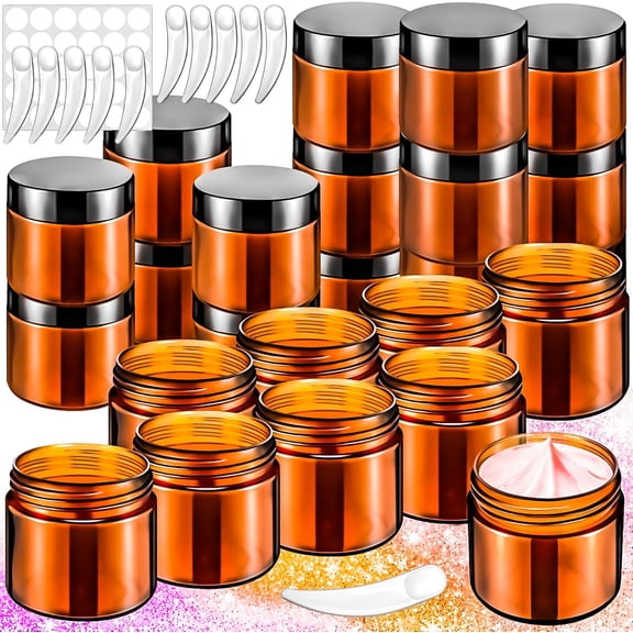 16 Pack 2oz Amber Plastic Jars, 60ml Empty Small Round Cosmetic Jars Refillable Makeup Containers Leakproof Travel with Lids for Sample Cream Lotion Powder Oinent