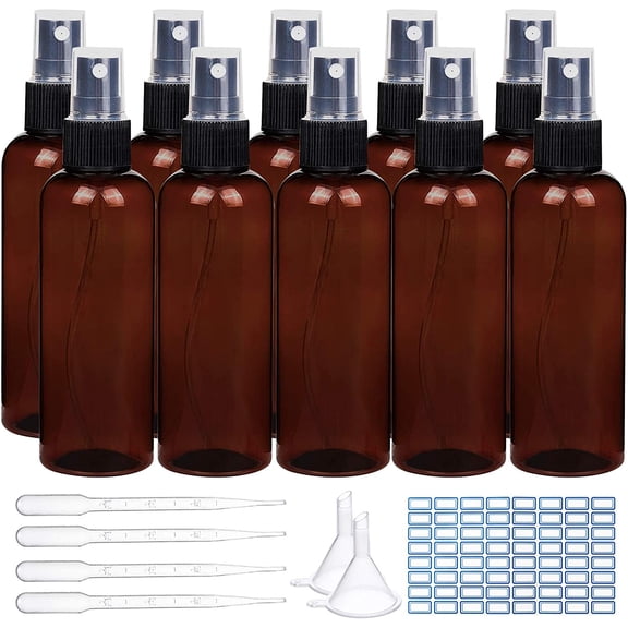 16 Pack 3.4oz/100ml Amber Brown Plastic Spray Bottle with Fine Mist Sprayers Atomizer Caps for DIY Home Cleaning Aromatherapy and Beauty Care