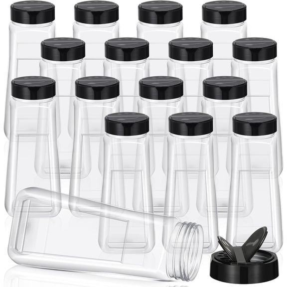 16 Pack 32 oz Plastic Spice Jars with Black Cap Plastic Bottle Containers with Shaker Lids Large Reusable Seasoning Shaker Empty Powder Storage Container for Storing Salt Herbs Cabinet Kitchen