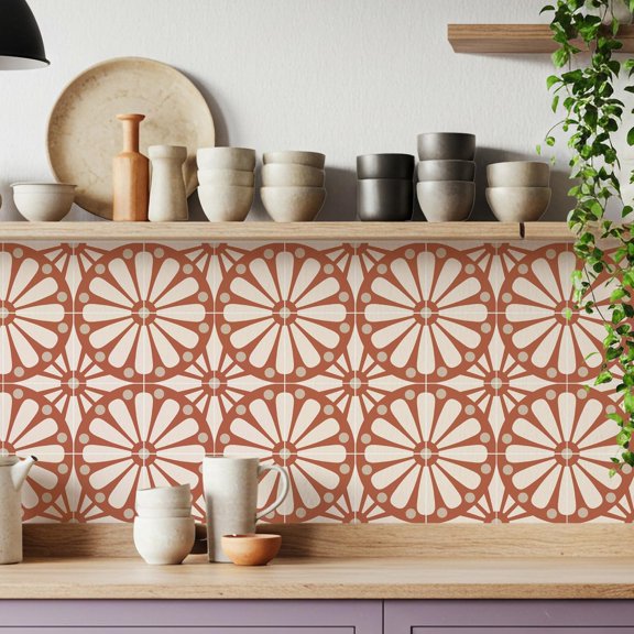 16 Pack, 5.9x5.9 Inch Boho Terracotta Sunburst Tile Stickers Peel and Stick Waterproof Vinyl Decals, Self Adhesive Tiles for Kitchen Backsplash, Wall Stair Riser Deco (Red)