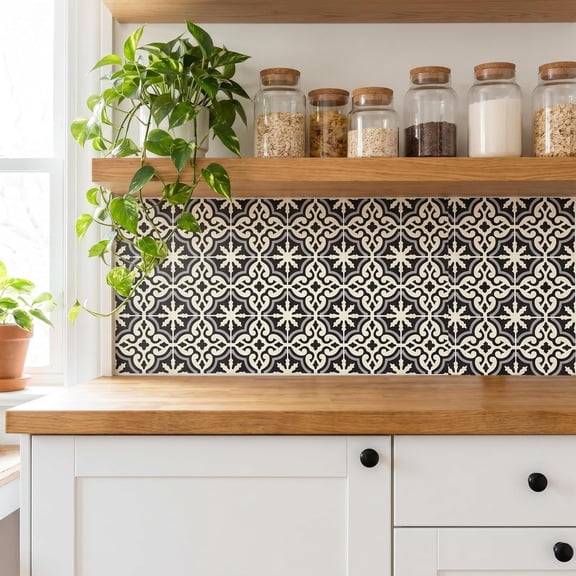 16 Pack, 5.9x5.9 Inch Boho Terracotta Sunburst Tile Stickers Peel and Stick Waterproof Vinyl Decals, Self Adhesive Tiles for Kitchen Backsplash, Wall Stair Riser Deco (Black)