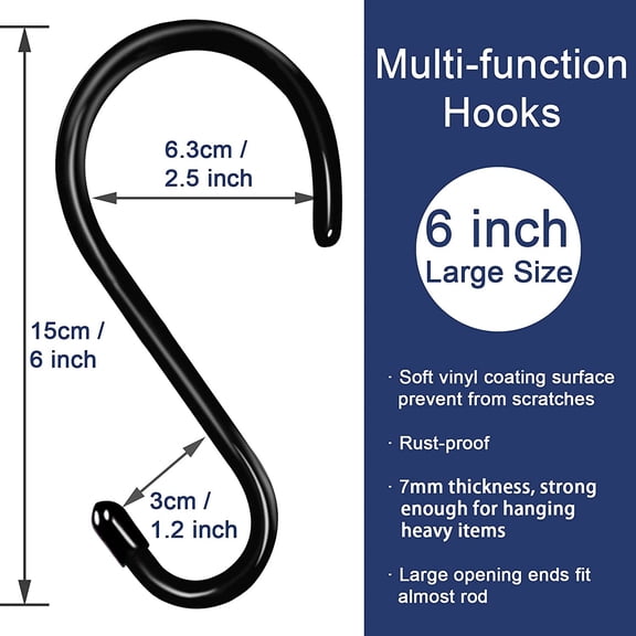 16 Pack 6 Inch S Hook, Large Vinyl Coated S Hooks Heavy Duty, Steel Metal Black Rubber Coated S Shaped Hooks, Non Slip Closet Hooks for Hanging Clothes,Plants,Jeans,Pans,Pots,Towel,Jeans,Bags,Cups