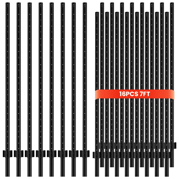 16 Pack 7 FT Metal Fence Posts, No Dig Steel U-Post T-Posts, Black Heavy Duty Garden Fence Stakes for Temporary Fencing, Electric Fence Wire and Corner Anchors