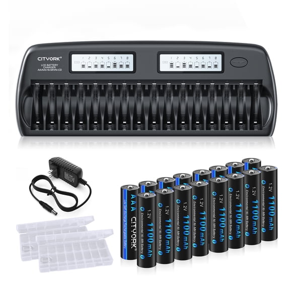 16 Pack AAA Ni-MH Rechargeable Batteries 1100mAh with 16 slot battery charger with discharge function, suitable for AA AAA nickel hydrogen/nickel cadmium batteries (fast charger)