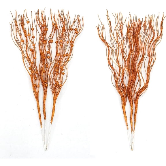 16-Pack Artificial Glitter Berry Stem Ornaments, Decorative Glittery Twigs, Picks, Branches for Tree, Wreath, Small Vase, Party (Orange)