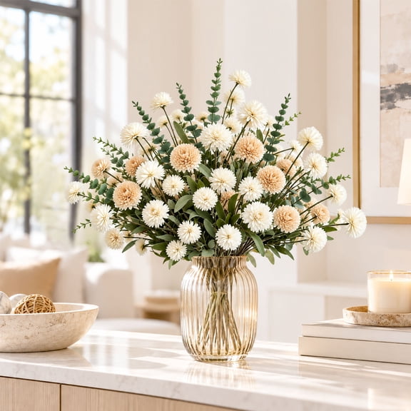 Miracliy Artificial Marigold Flowers, White and Champagne Fake Stems with Eucalyptus Leaves, Faux Floral Arrangement for Home Wedding Decor