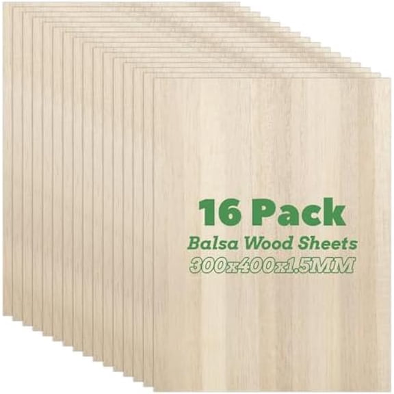 16 Pack Balsa Wood Sheets, 11.8x15.7x1/16 Inch, Thin Natural Unfinished Wood for Crafts, Hobby, Model Making, Wood Burning and Laser Projects, School Projects, Craft Project300x400x1.5MM