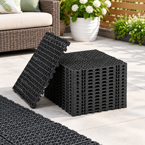 16-Pack Black Modular Interlocking Drain Floor Tiles, 11.8x11.8 Inch PVC Non-Slip Cushion Mats for Deck, Pool, Shower, Patio