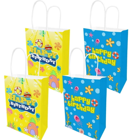 16 Pack Cartoon Sponge Gift Goodie Treat Candy Bags Party Paper Gift Bags with Handles for Sponge Bob Themed Birthday Party Supplies Decorations Birthday Occasion Gift Bags