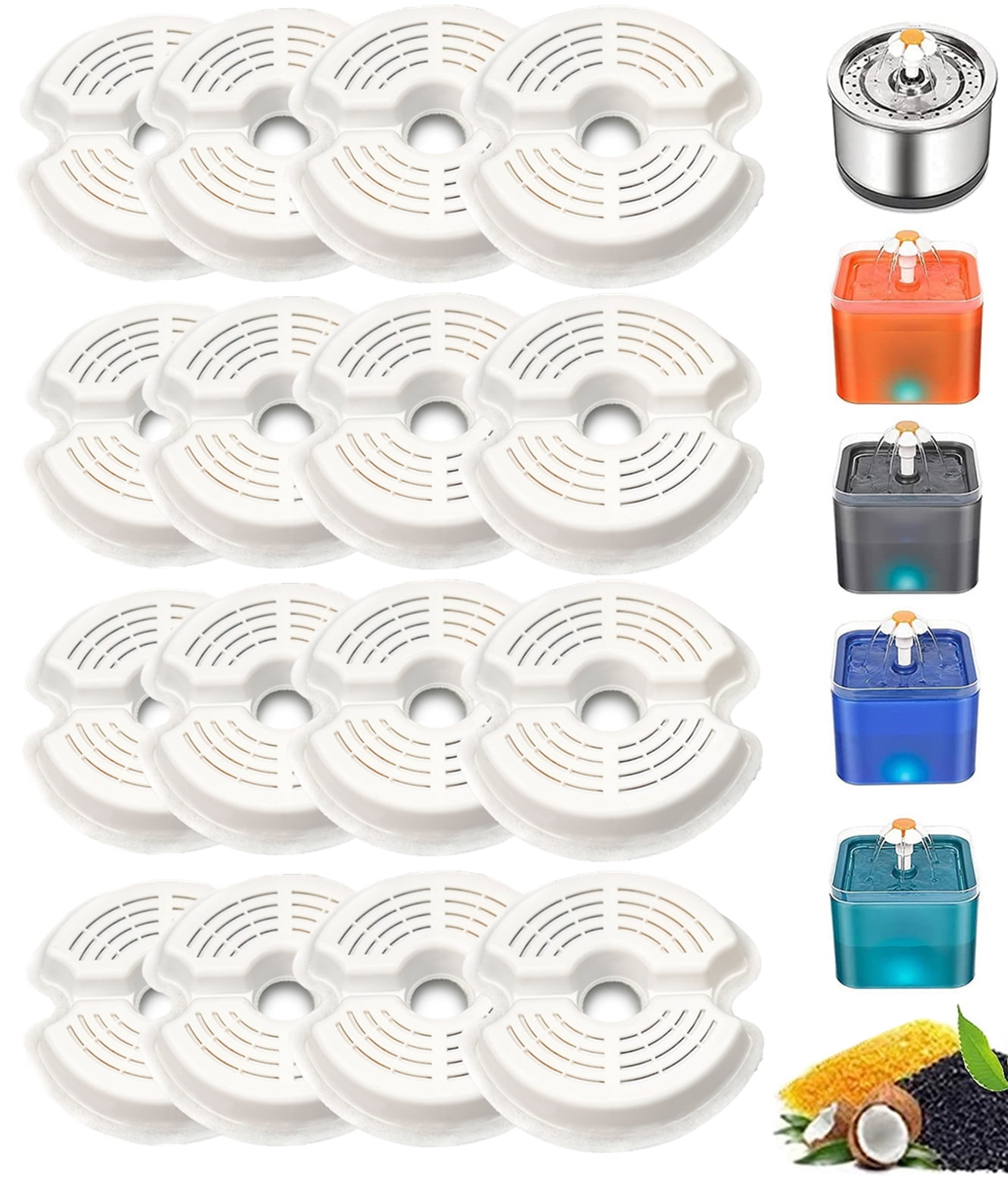16-Pack Cat Fountain Filters, Activated Carbon Replacement Filters for Pet Water Dispenser Stainless Steel 84oz or Cubic Water Fountain 67oz