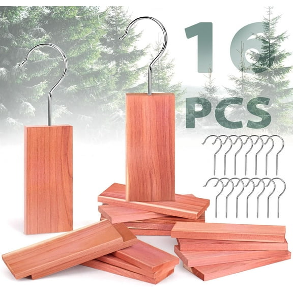 16 Pack Cedar Planks for Clothes Storage, Aromatic Red Cedar Wood Hangers with Metal Hooks, 100% Natural Scent, with Sandpaper Freshener, for Drawers and Wardrobes