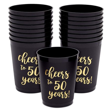 16 Pack Cheers to 50 Years Plastic Party Cups - 50th Birthday Decorations for Men and Women, Anniversaries (Black, 16 oz)