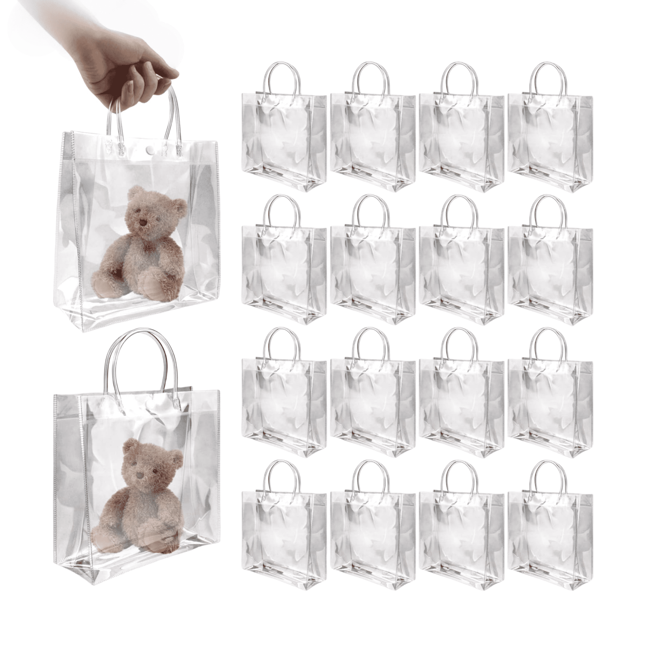 24 Pcs Cherry Party Favor Bags - Clear PVC Gift Bags With Handles, 6.3x5.9x2.8", Pink Ribbon Included