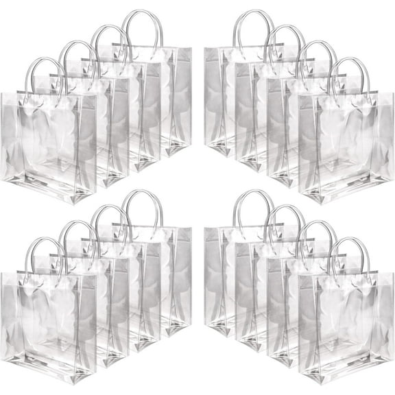 16 Pack Clear Gift Bags with Handles, 7.9" x 7.9" x 3.2" Small Reusable Plastic Party Favor Bags Bulk, Transparent PVC Tote Bag for Wedding, Birthday, Bachelorette, Boutique (20×20×8 cm)