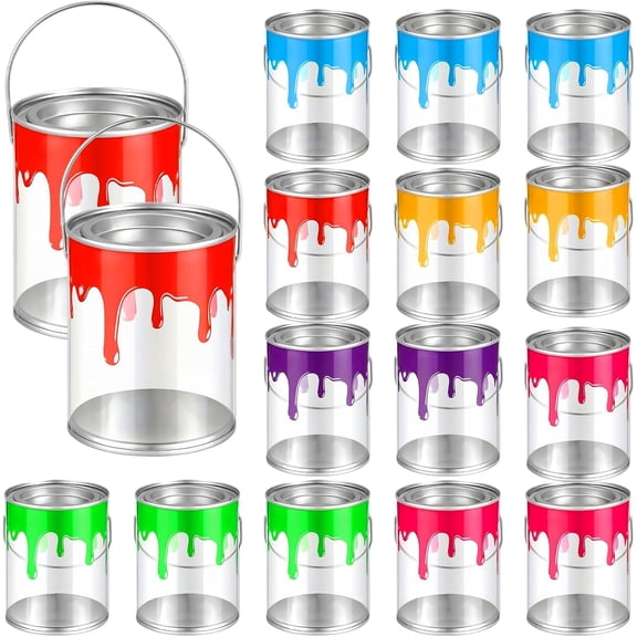 16 Pack Clear Mini Paint Buckets with Lids, Plastic Empty Paint Cans for DIY Crafts, Party Favors, Candy Storage Containers, Small Paint Pails for Art Projects and Gift Packaging